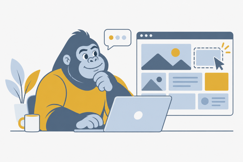 A friendly gorilla using a laptop beside editable website blocks and an AI chat bubble
